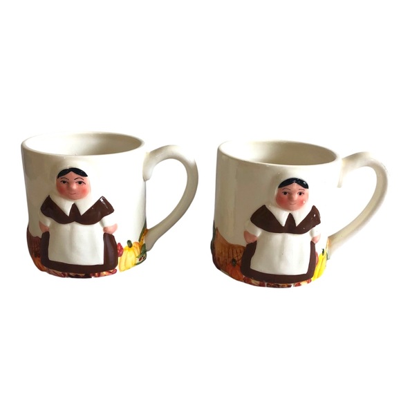 Publix - The Pilgrim Pair Of Thanksgiving Coffee Mugs 2 Ladies In Original Box - Picture 2 of 14